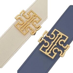 Tory Burch Britten Logo Reversible Blue White
Gold Logo Leather Belt | M